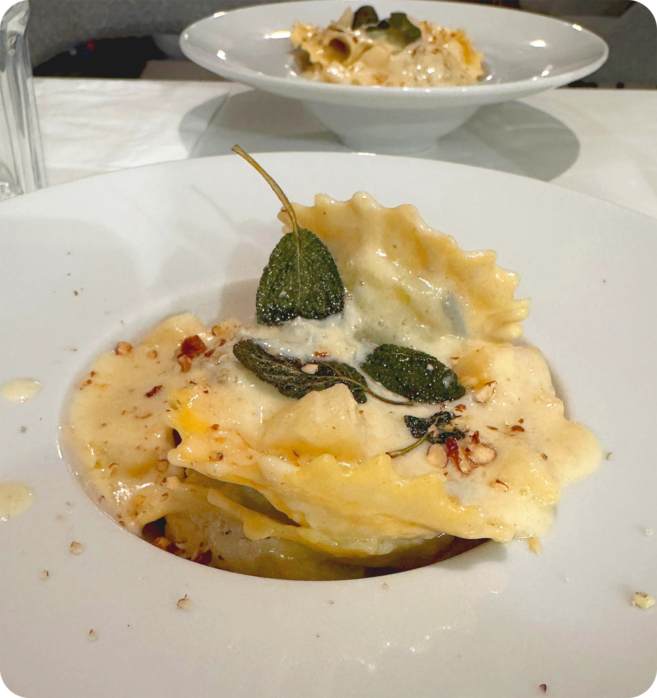 Ravioli with Gorgonzola Fondue, Sage-Glazed Pear & Toasted Pecans