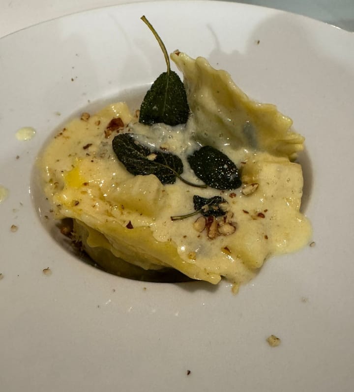 Ravioli with Gorgonzola Fondue, Sage-Glazed Pear & Toasted Pecans